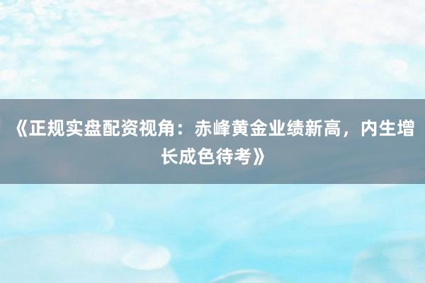 《正规实盘配资视角：赤峰黄金业绩新高，内生增长成色待考》