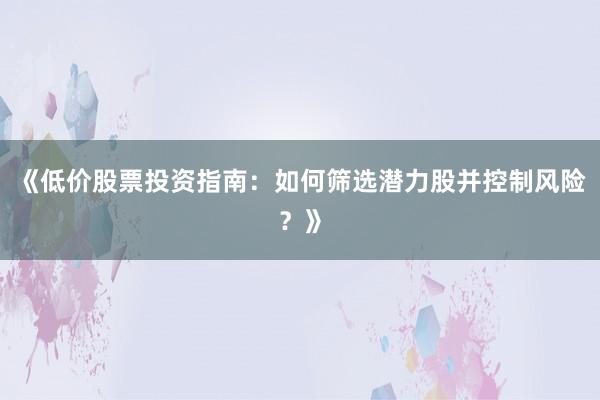 《低价股票投资指南：如何筛选潜力股并控制风险？》